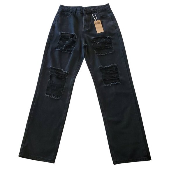 Genleck Y2K NWT BF Jeans Ripped High Waist Baggy Black Distressed Wide Leg S - Picture 4 of 16